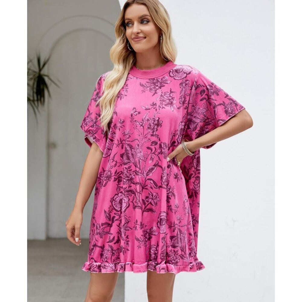 Women's Rose Vintage Velvet Dress Mini Floral Printed Short Sleeve - Picture 2 of 7
